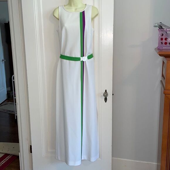 Vtg 60s Elisabeth Stewart white knit polyester maxi dress with lime green belt - Picture 1 of 8